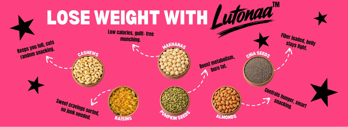 Advertisement for Lutona with various seeds and nuts on a pink background